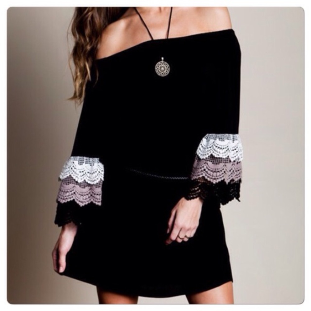 Off-Shoulder Black Dress with Lace Tiered Sleeves